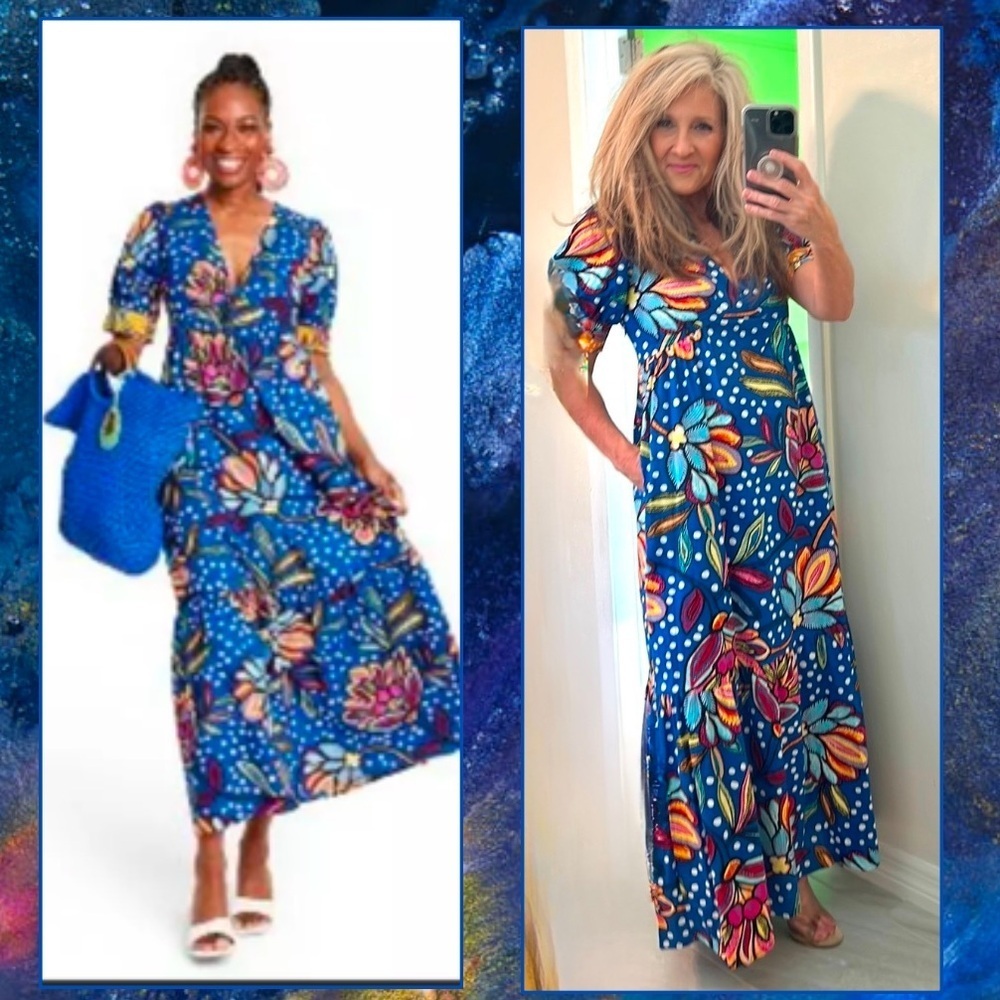 Tabitha Brown X,Mixed Floral/Polka Dot Puff-Sleeve,Boho LongDress,Pockets Sz S